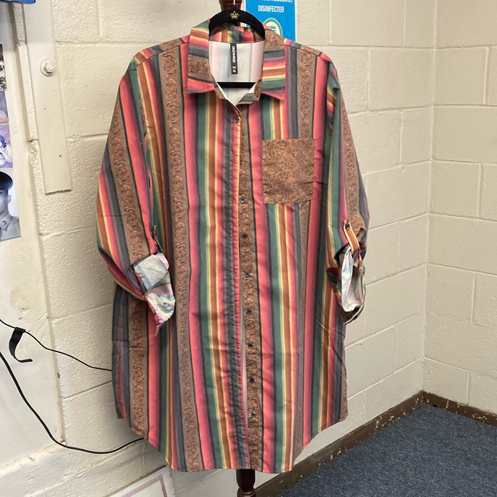 midi dress multi colored button up long sleeves 65% cotton 35% polyester